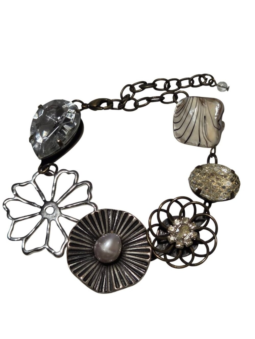 Vintage Mixed Media Bracelet Art Glass Rhinestone Faux Pearl Antiqued Metal